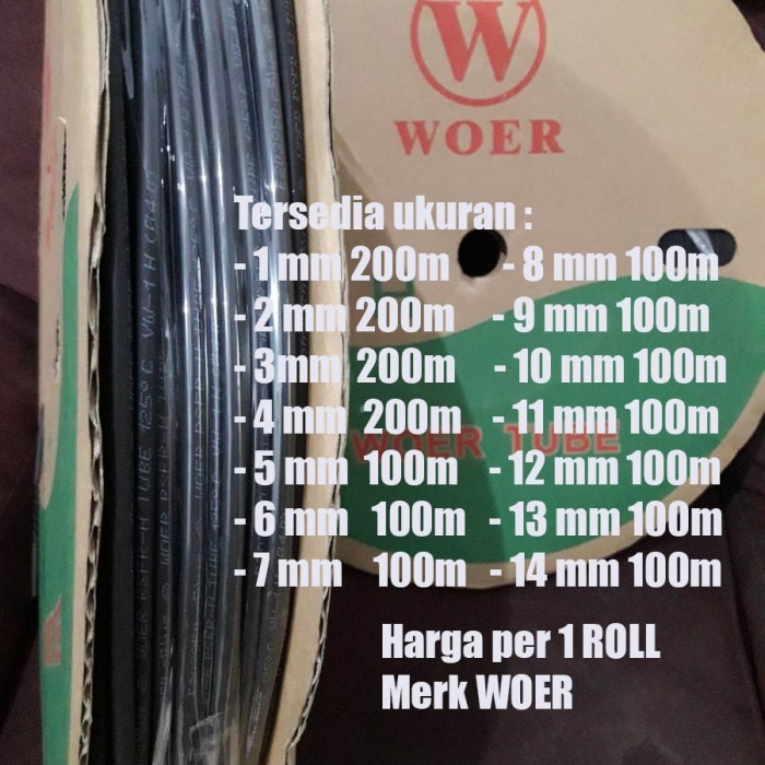 HEATSHRINK merk WOER per ROLL / ISOLASI BAKAR 1mm 2mm 3mm 4mm 5mm 6mm 7mm 8mm 9mm 10mm 11mm 12mm 13m