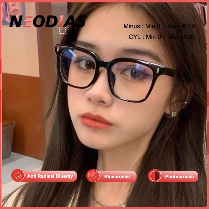 NeoDias Kacamata Minus Wanita Pria Square Frame Fashion Anti Radiasi Photocromic 2 in 1 Korea Anti R