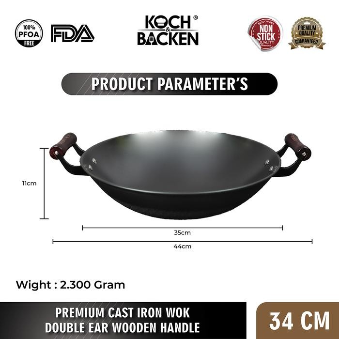 KOCH&BACKEN Premium Cast Iron Wok Round Bottom - Wajan Kuali Penggorengan Anti Lengket - 34cm