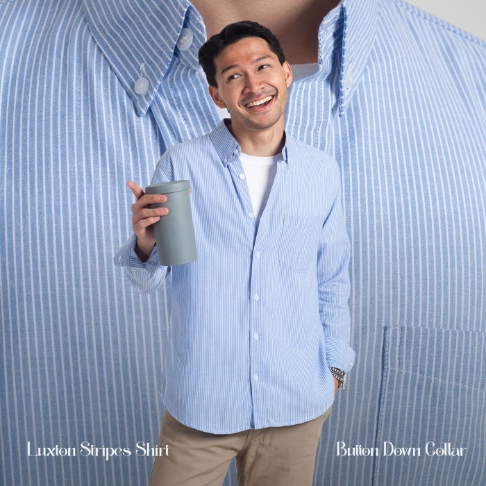 BEST SELLER Kemeja Garis Pria WOODCUTTER Basic Luxton Stripes - Light Blue Biru Muda Lengan Panjang 