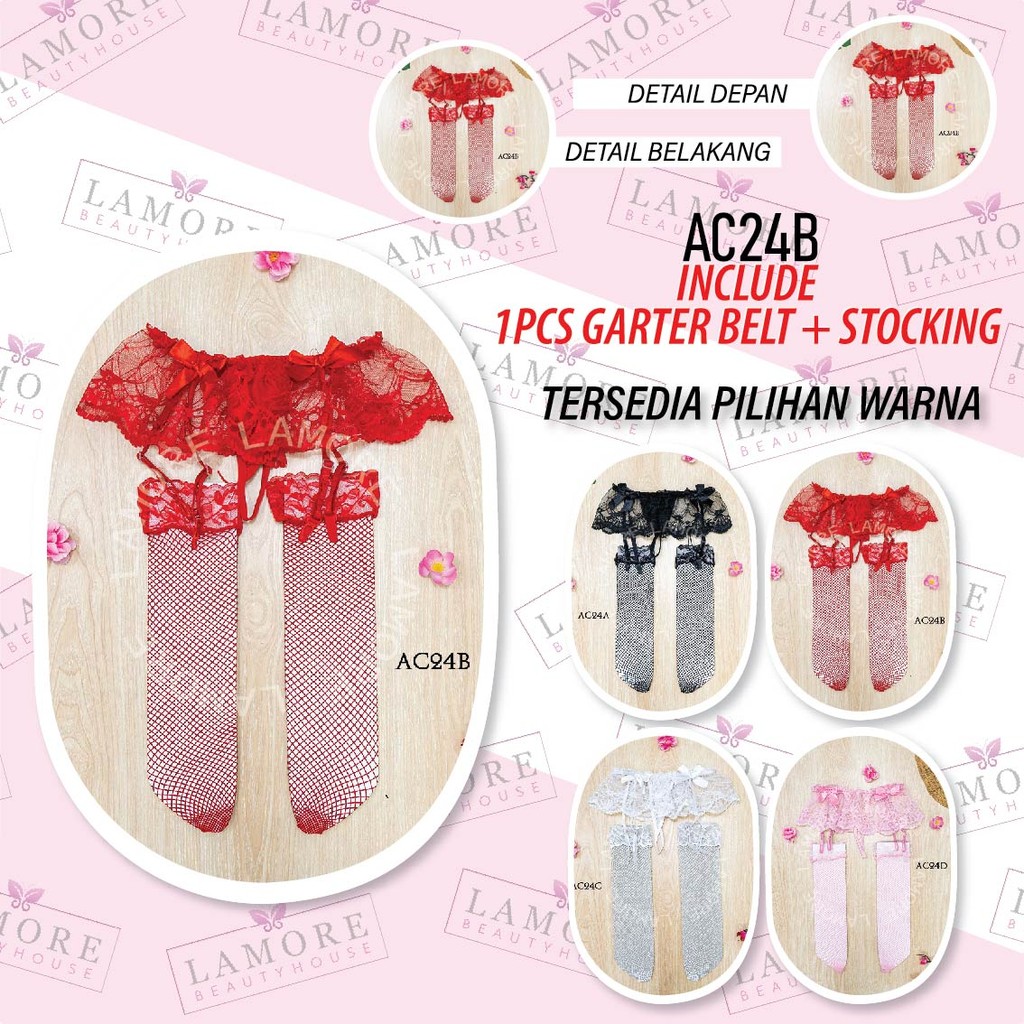 Stocking Legging Semi Transaparan Jaring + Garter Belt Merah Ac24B