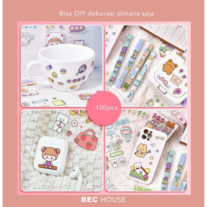 

100 Lembar Stiker Motif Momo Kartun Korea Lucu Anti Air Dekorasi DIY - Pink