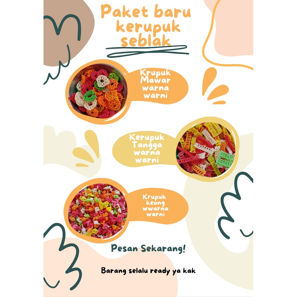 

PAKET BARU KERUPUK SEBLAK/KERUPUK MAWAR WARNA WARNI/KERUPUK TANGGA WARNA WARNI/KERUPUK KEONG WARNA WARNI/MASING MASING ISI 500gr KERUPUK ENAK LEZATT