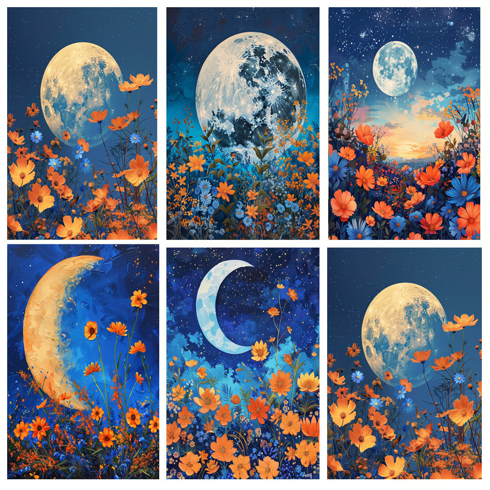 

Hand Painting Cartoon Moon Flower Night Landscape Painting By Numbers Kit DIY Artwork Canva Art GiftHome Decoration Gift