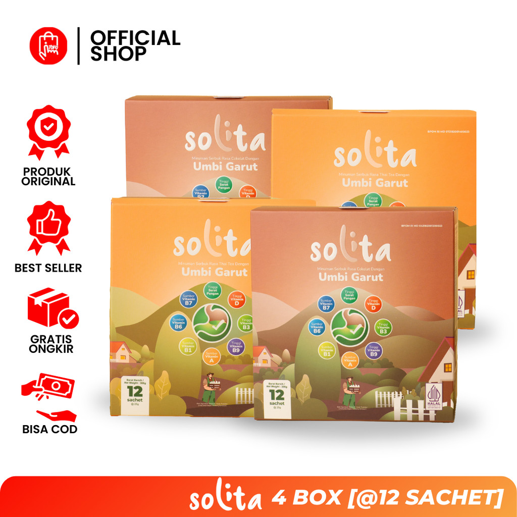 

Solita Umbi Garut Paket HEMAT 4 Box Mix isi 12, 2 Box rasa Cokelat & 2 Box rasa Thai tea