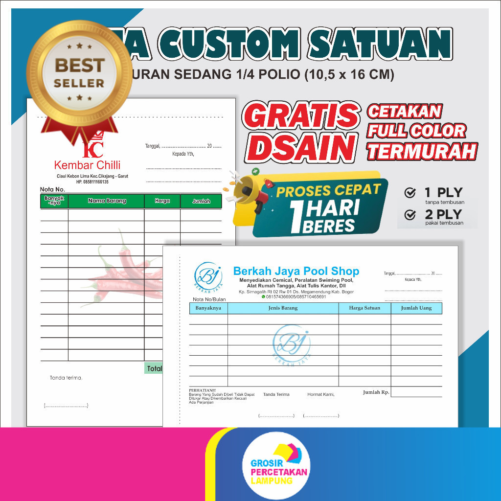 

CETAK NOTA CUSTOM 2 PLY NAMA SENDIRI UKURAN SEDANG ¼ POLIO Nota custom 2 ply murah