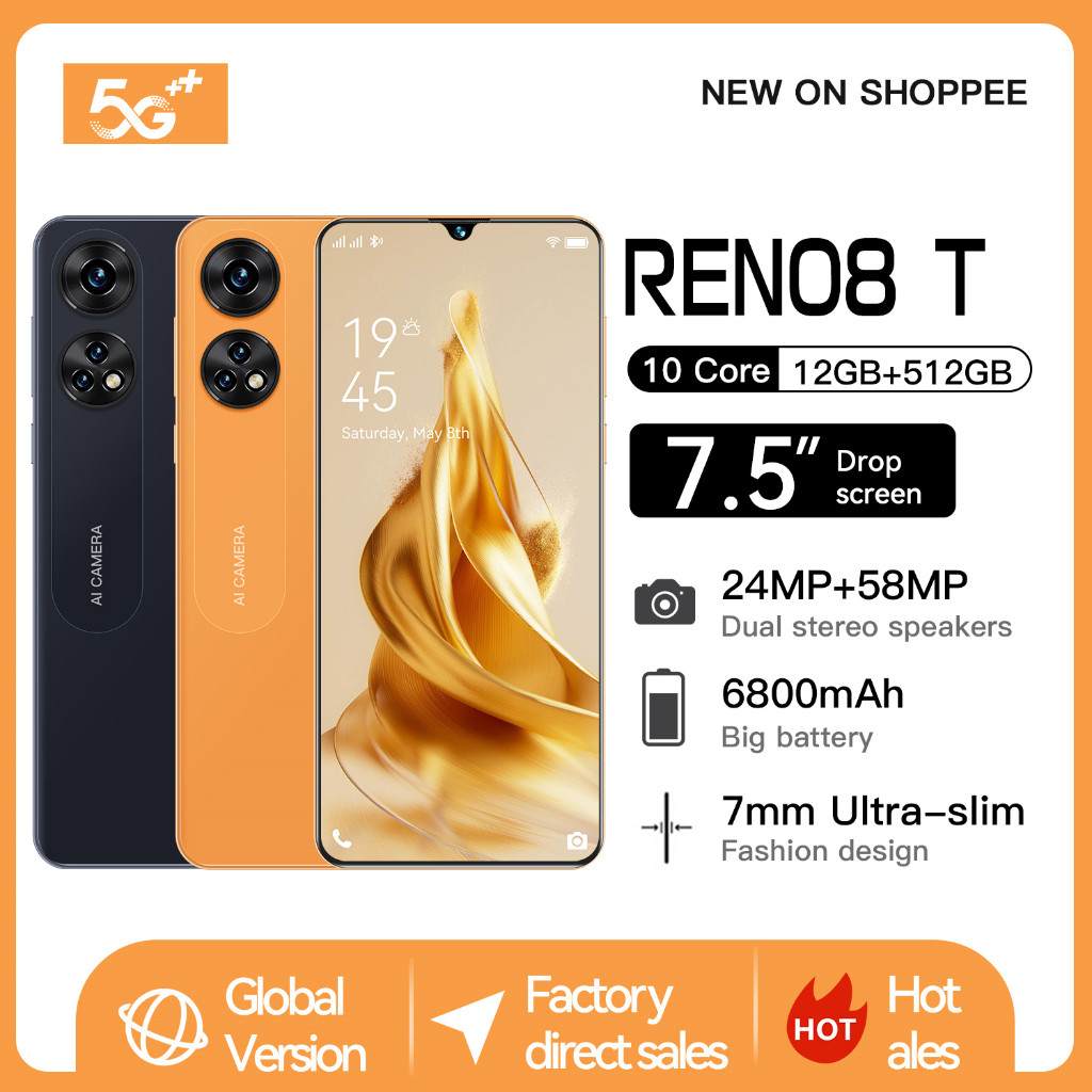 [Baru]hp murah Reno8 T RAM 5G Handphone 12GB+512GB HD 7.5inci Phone pengenalan wajah Ponsel  Bisa CO