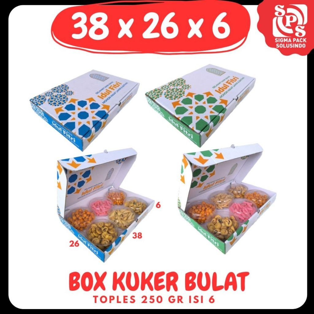 

Box Kuker 38x26x6 LD Kue Kering Toples 250 gr isi 6 Toples Box Ied Mubarok Dus Idul Fitri Lebaran Packing Kotak Kemasan Polos/Motif MEDIAPACK
