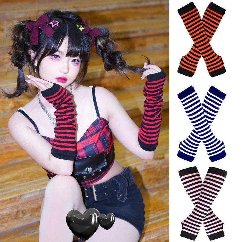 Punk Long Sleeves Fingerless Gloves Cuff for Women Men Stripe Hip-Hop Knitted Elbow Mittens Elastic 