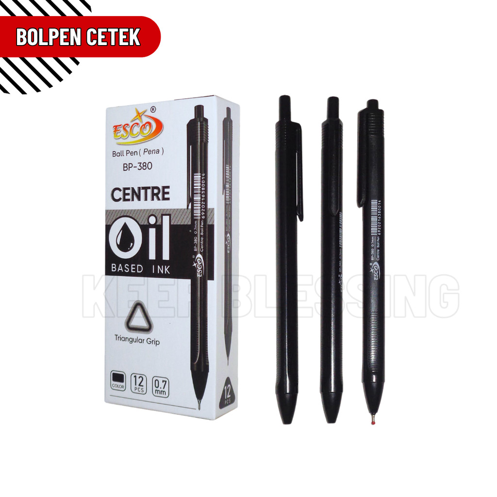 

ESCO BP-380 Ballpoint Hitam 0.7mm - 12 Pcs/Pak, Tinta Oil-Based, Grip Segitiga / Bolpen Cetek / Pulpen Mekanik / Duta Gemilang
