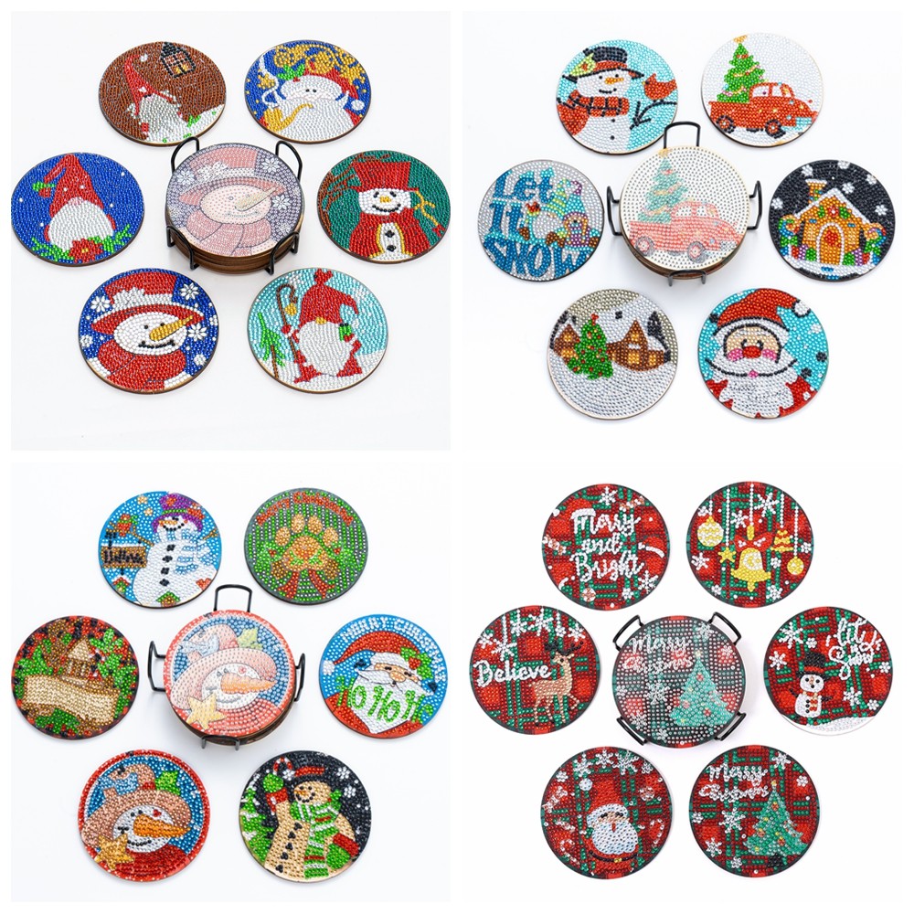 

6pcs/Set DIY Diamond Painting Christmas Coasters Crystal Rhinestone Wood Coasters Christmas Diamond Art Coasters with Holder