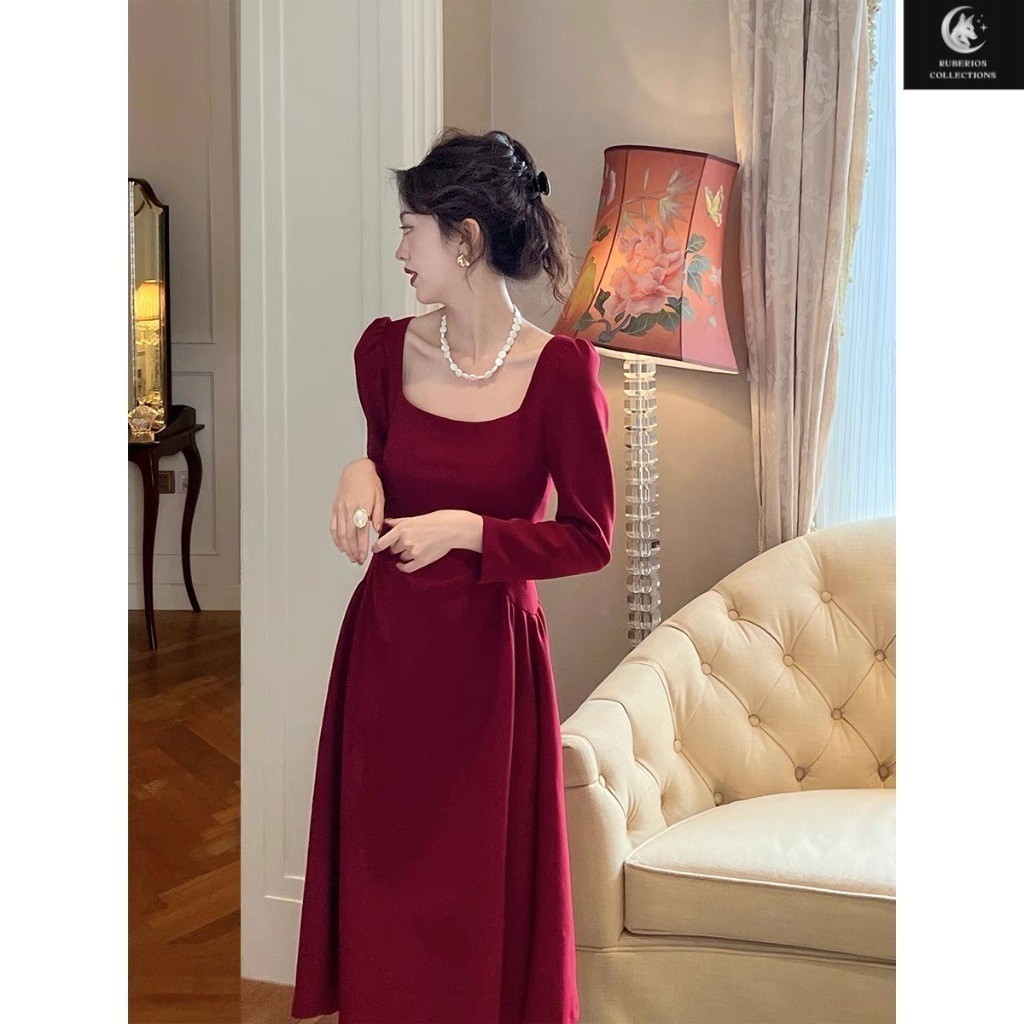 EMITA BLOOM baju midi dress merah gereja lengan panjang jumbo korean style import natal terbaru 2024