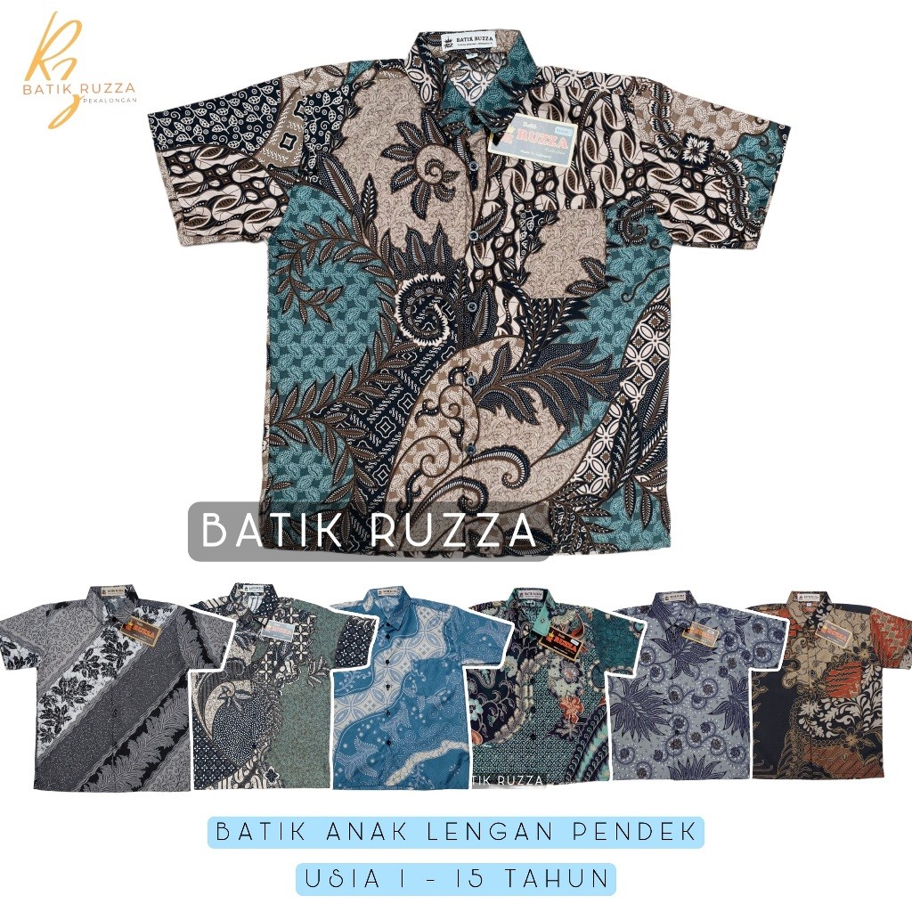 RUZZA Kemeja Batik Anak Laki Ukuran 2-15 Tahun Motif Kate Sage Mustard