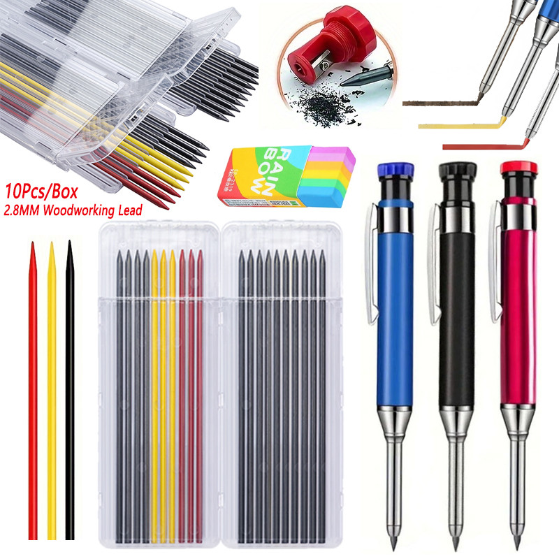 

Metal Woodworking Mechanical Pencil With 2.8mm 10pcs/box Lead and Eraser, Deep Hole Marker Carpenter Architect Drawing Pencils
