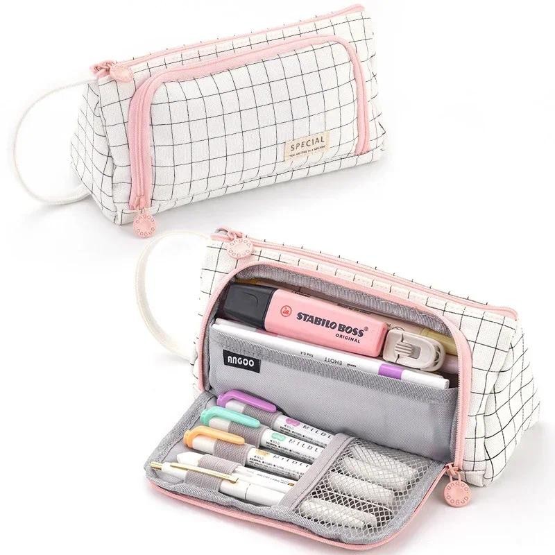 

Child Stationary Pen Pencil Storage Bag Pen Bag Multi Layer Large Capacity Cosmetic Travel Storage Bag Simple Plaid Pencil Case