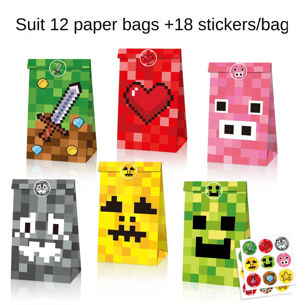 

12pcs Game Pixel Mosaic Kraft Paper Bag Candy Bag Gift Bag Candy Gift Bags Paper Bags Paper Bag Sticker Set Cake Paper Bags