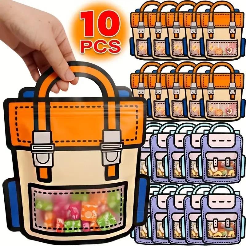 

10pcs Creative School Bags Shape Cookie Candy Plastic Zipper Bags, Snack Packaging For Birthday Graduation Party Present Handbag