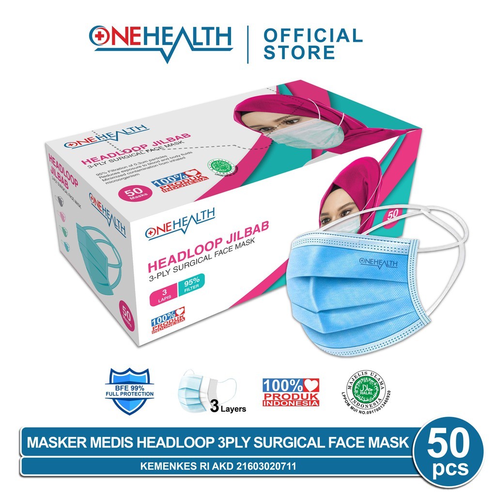 banda aceh Onehealth Masker Medis Headloop Hijab /Jilbab 3-PLY Surgical Face Mask