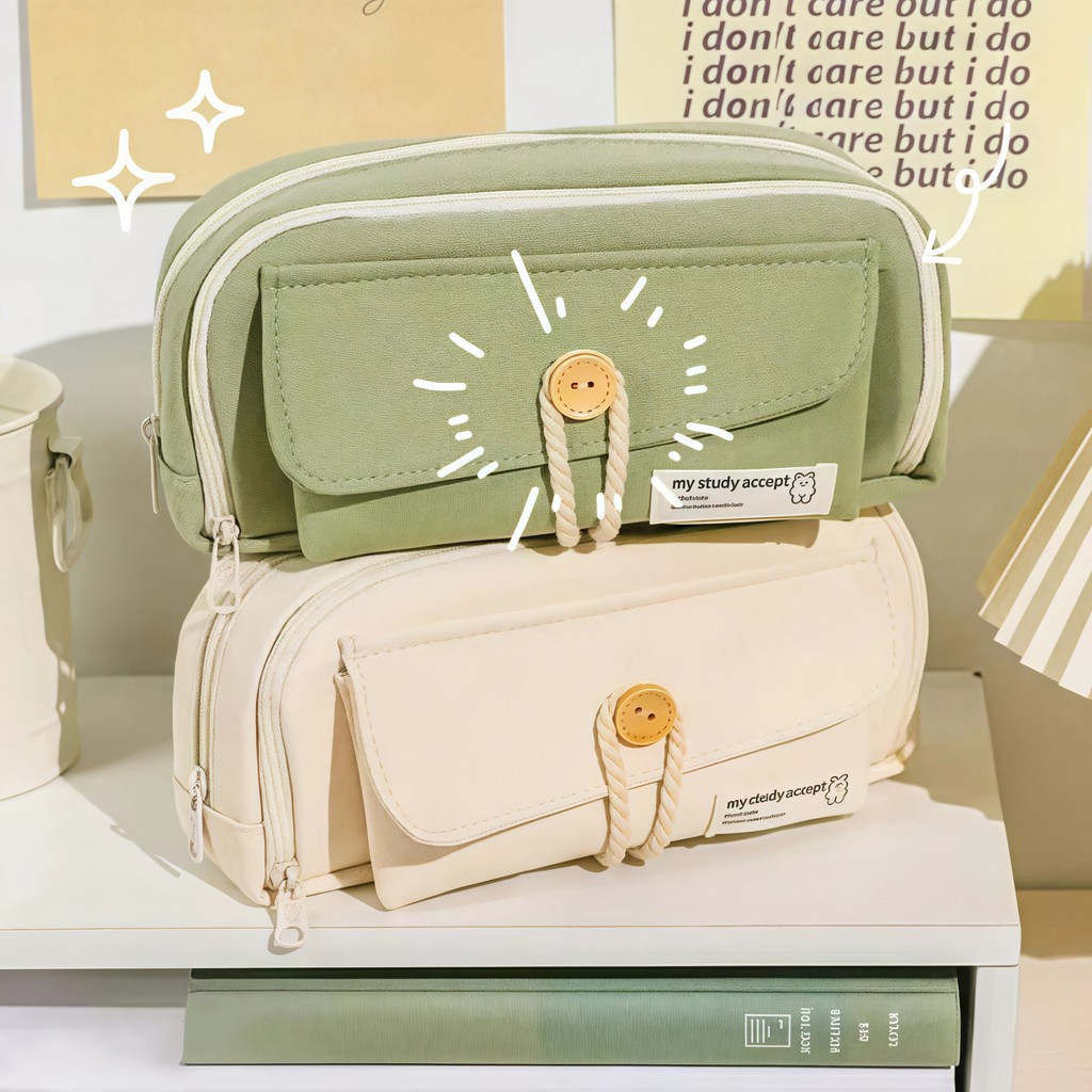 

Three-layer large-capacity pencil bag fashion solid color canvas pencil bag student teacher stationery back to school