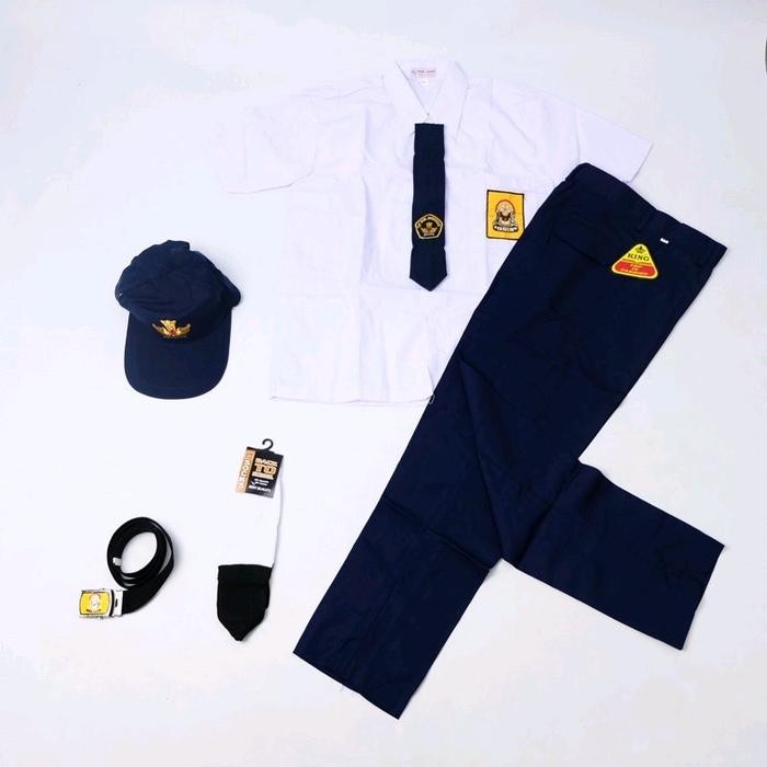 PAKET LENGKAP SERAGAM SMP ANAK LAKI LAKI PENDEK Baju Bordir Celana Kemeja Set - TOPI BIRU POLOS, 13t