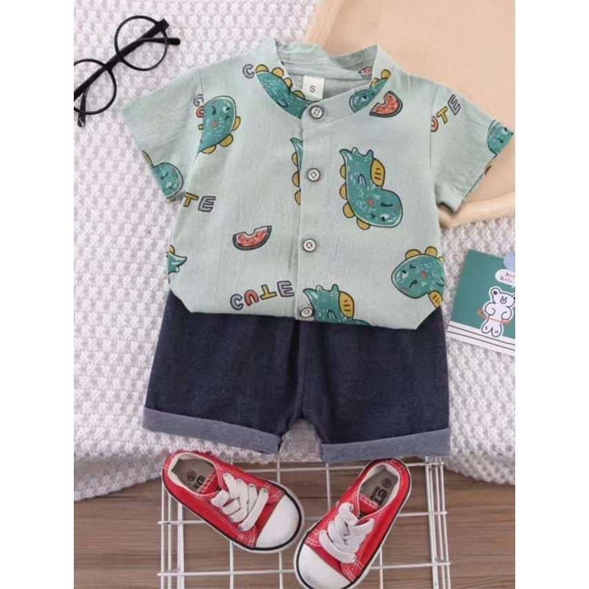 FAGRES_SHOP Bear in Car 11 Motif Kemeja Celana Tebal Baju Setelan Celana Pergi Jalan Fashion Anak Ba