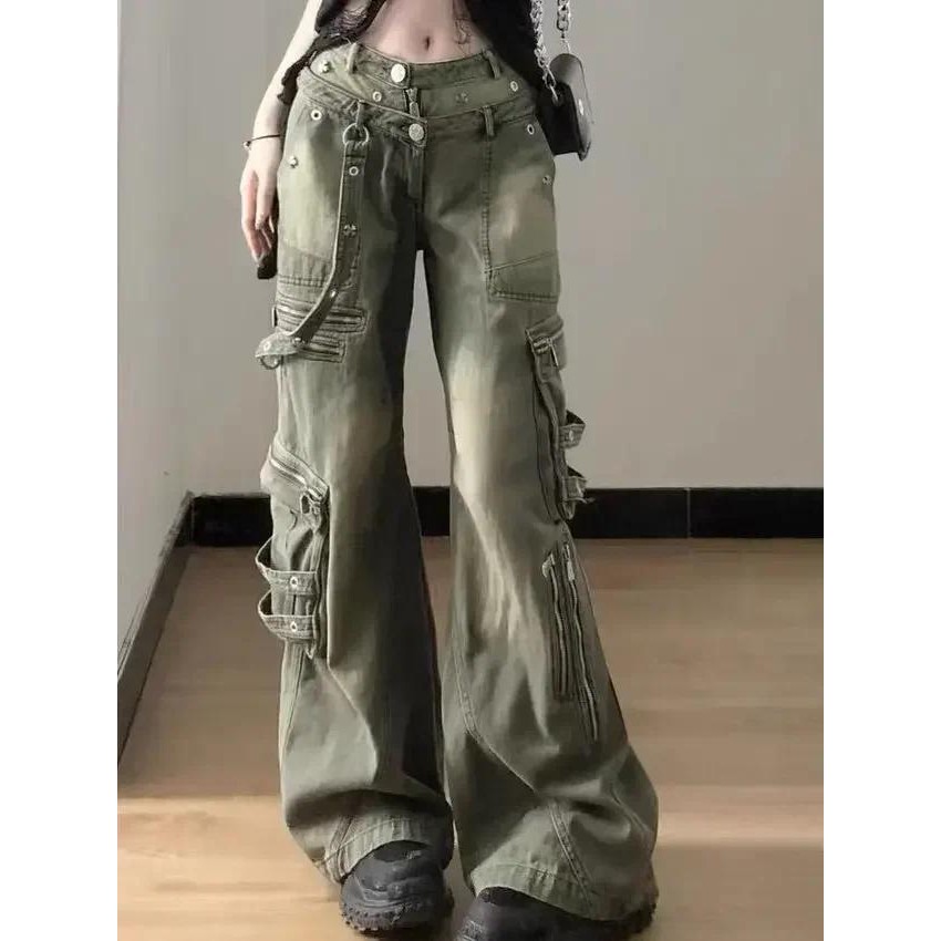 Loose Retro Washed Cargo Jeans Streetwear Women Zipper Baggy Pants Hiphop Straight Pants Multi-pocke