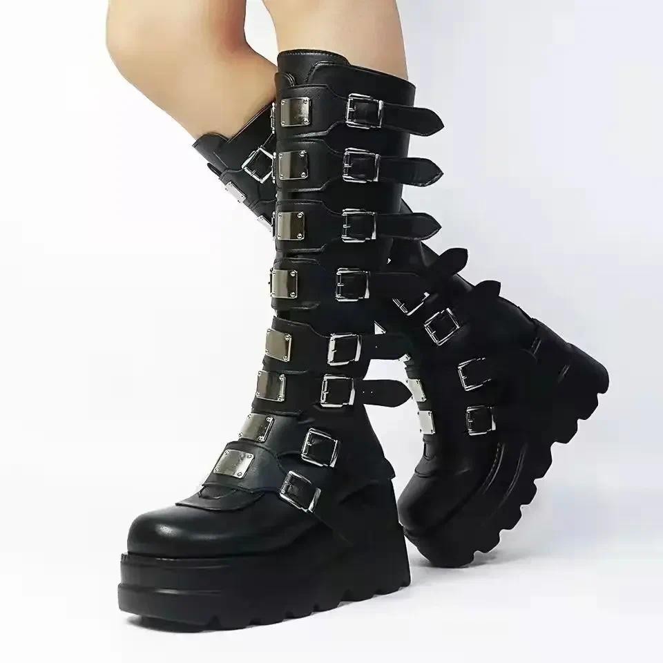 Gothic Shoes Platform Knee High Punk Black Sexy Motorcycles 2023 New Halloween Cosplay 2024 Shoes fo