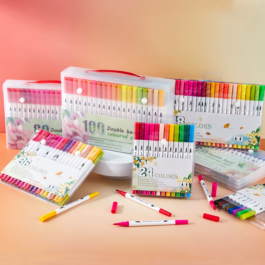 

Ay00! [DOTDING] Spidol Dual Tip 2 Ujung Set Warna Lengkap 12/24/36/48/60/80 Warna - Brush Pen Gambar
