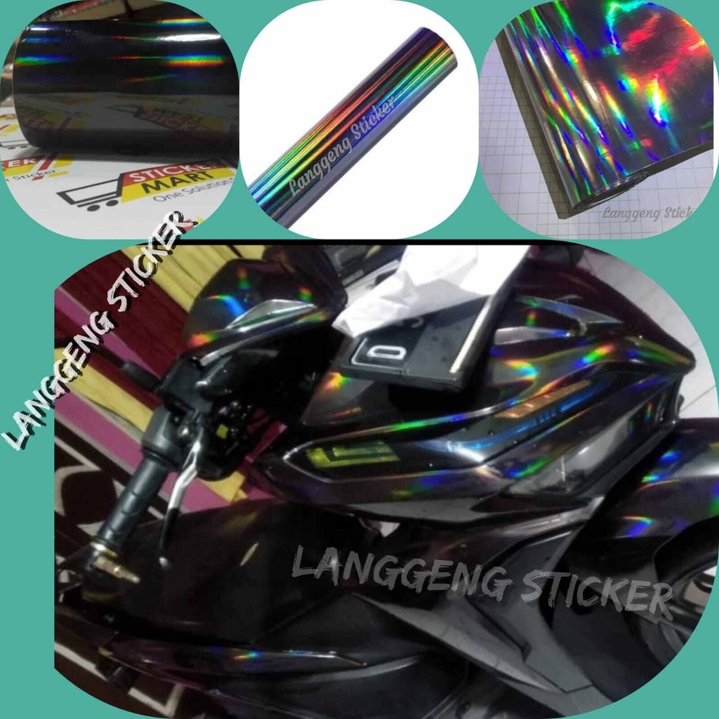 Stiker hologram hitam skotlet motor hitam pelangi  hologram skotlet hologram laser panjang 50 cm x l