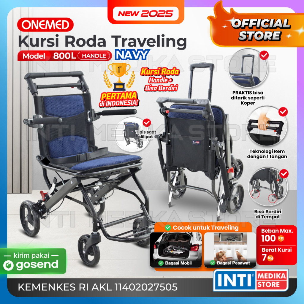 ONEMED - Kursi Roda TRAVEL PORTABLE Aluminium 800L + Handle TRAVELLING