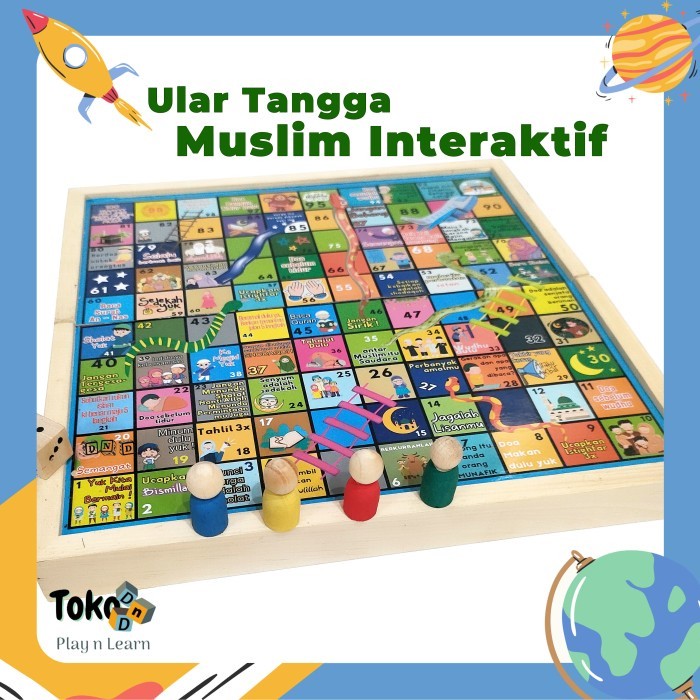 prabuaranSHOPMainan Anak Keluarga Board Game Ular Tangga Kayu Muslim Snake Ladder
