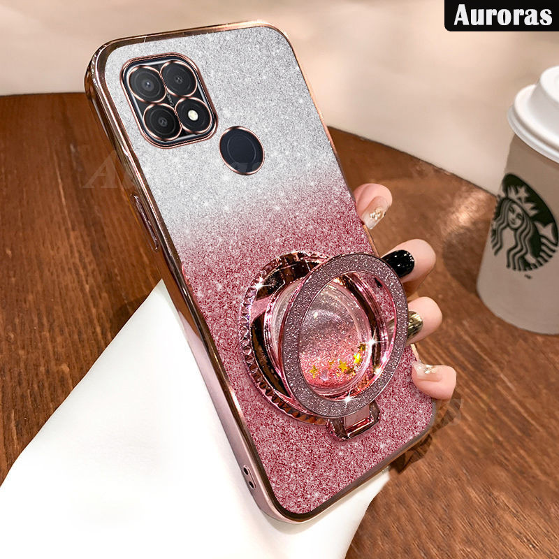 Untuk OPPO A15s A15 Phone Case Liquid Glitter Quicksand Ring Phone Holder Glitter Shiny Anti-Drop Tr