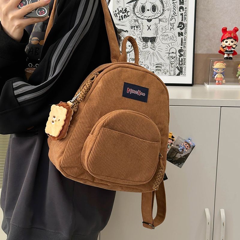 Tas Aroana Kecil Warna Padat Korduroi Pelajar Ransel Kecil Belanja Retro Serbaguna Warna Polos Niche