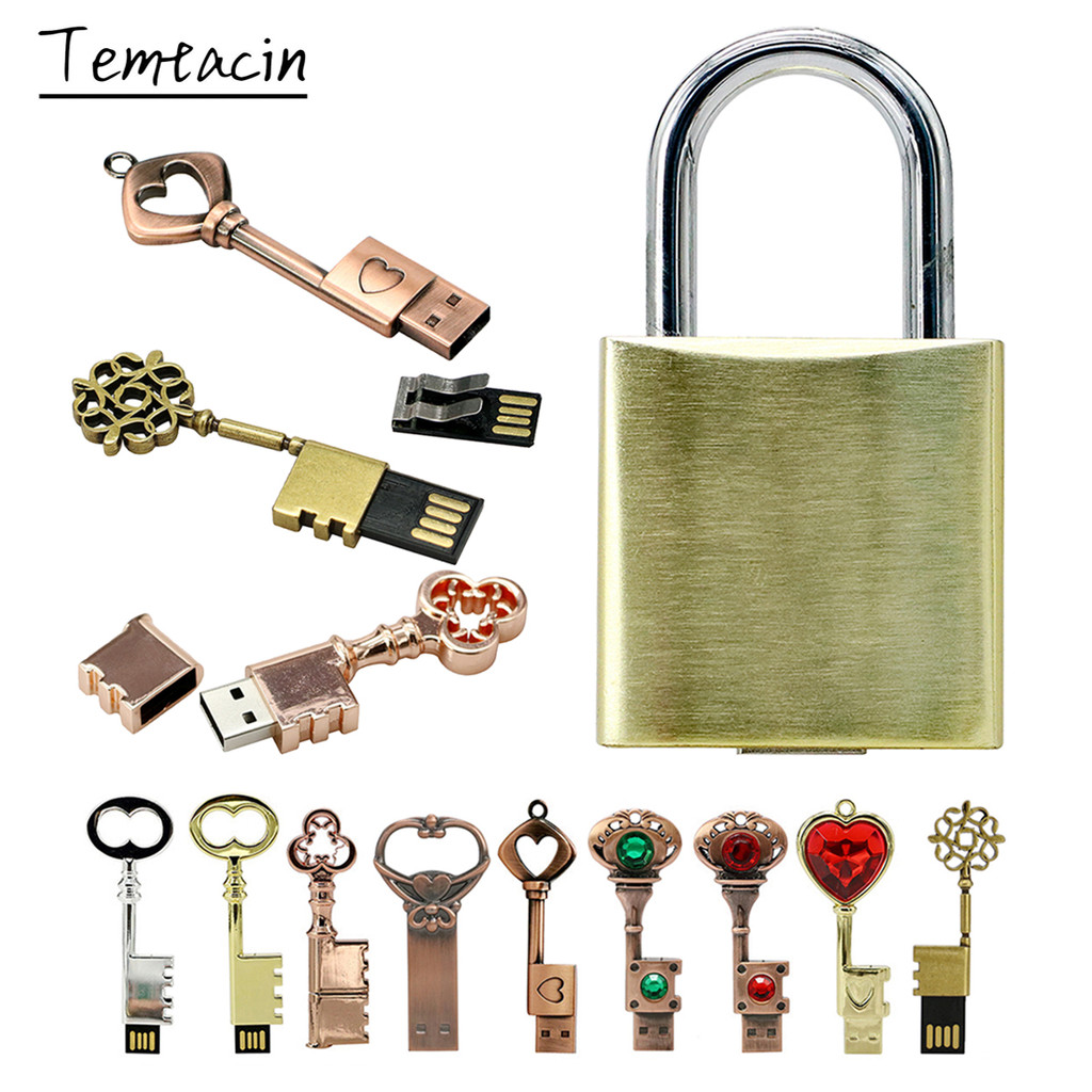 Bronze Heart Key USB Flash Drive 128GB Pen Drive 8G 16GB 32GB 64GB Pendrive Metal Lock CLE USB 256G 