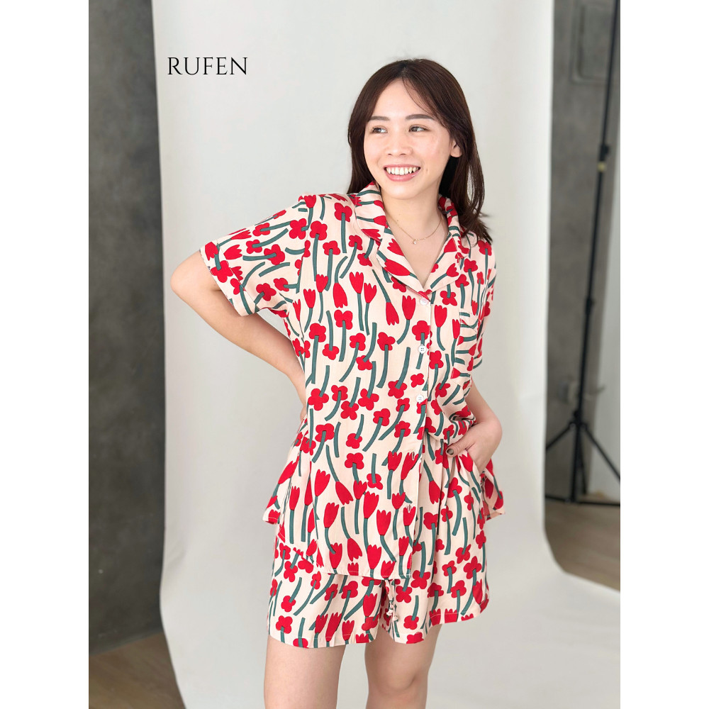 YZ4 RUFEN / Setelan Baju Tidur Wanita Bahan Rayon Warna Merah