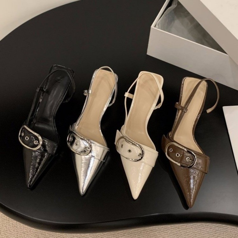 Punk Goth Metal Buckle High Heels Sandals Women 2024 Summer Pointed Toe Silver Party Shoes Woman Kor