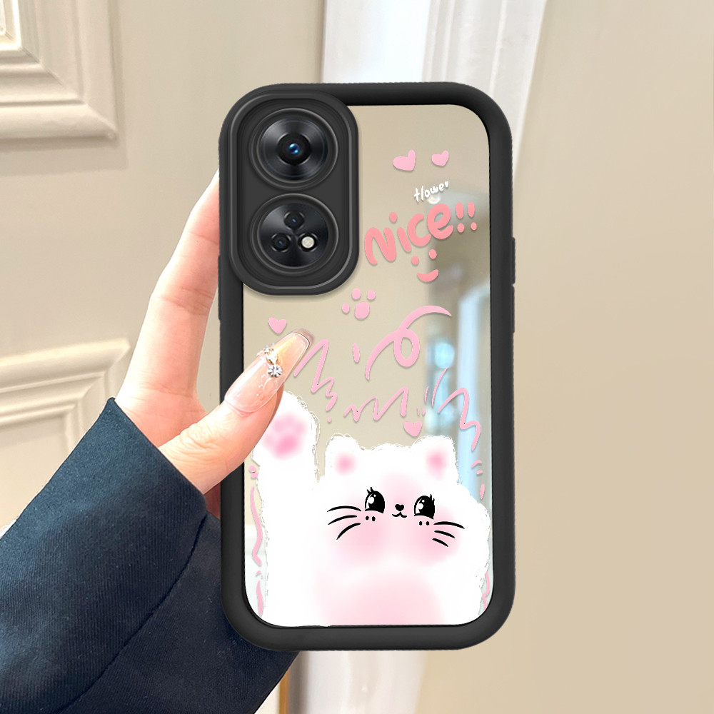 OPPO Reno 8T  Mirror Phone Casing Cute Cat Pattern Soft Silicone Cermin Case Hp Softcase Kesing 8100