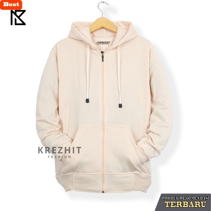 hoodie pria keren Krezhit Jaket Zipper Hoodie Pria Casual Bahan Katun Fleece Tebal Warna Cream - Cre