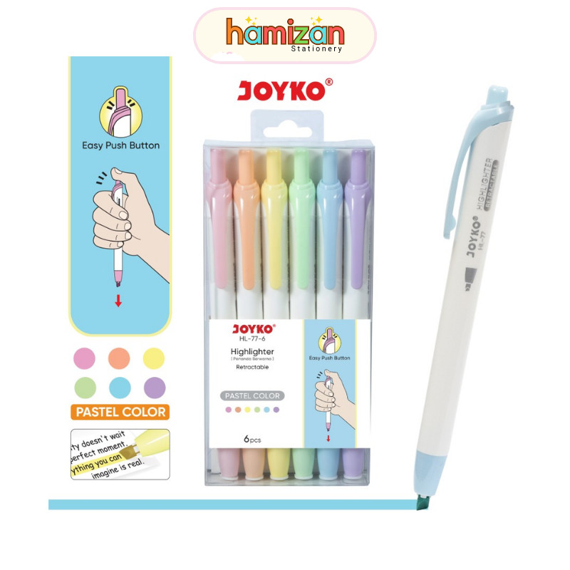 

( 1 set = 6 Pcs ) HL-77-6 Joyko Retractable Highlighter Pastel Colour / Penanda Cetrek Berwarna HL77 6 Warna Pastel / Penanda Berwarna Highlighter Joyko HL-77-6 Warna Pastel Color Murah Berkualitas
