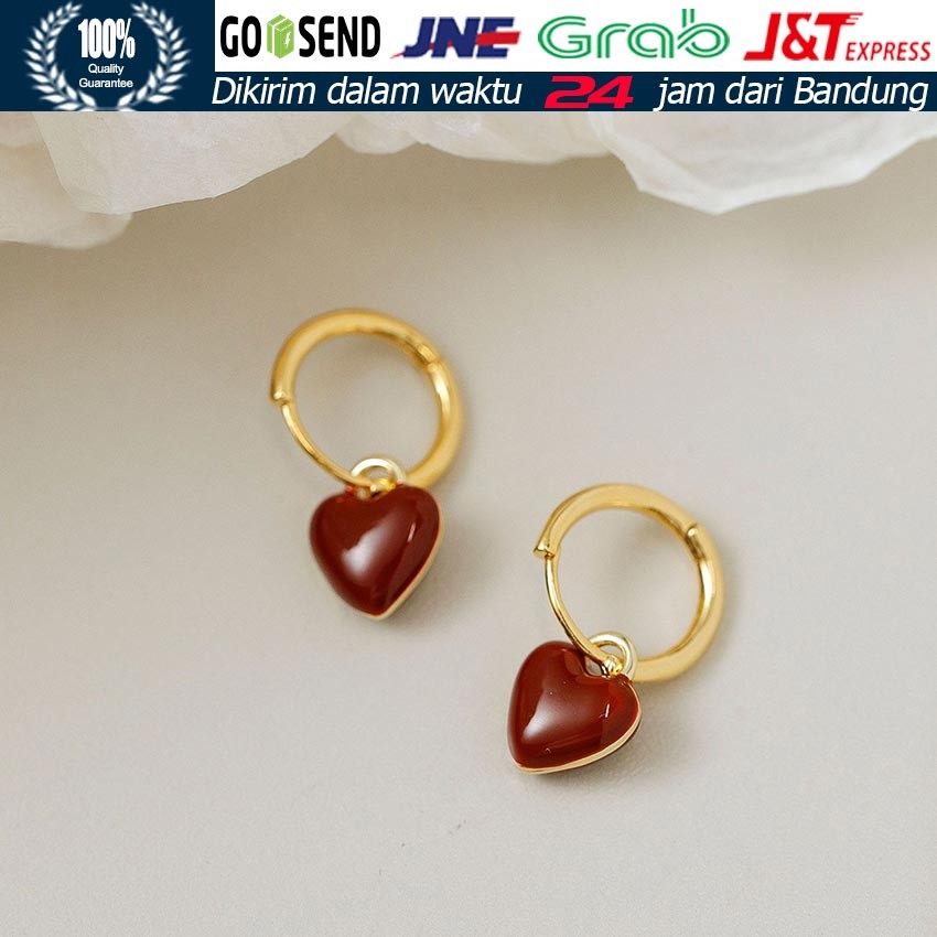 Anting Tusuk Wanita Model Hati Warna Wine Red / Anting Fashion Sweet Love Gaya Korea