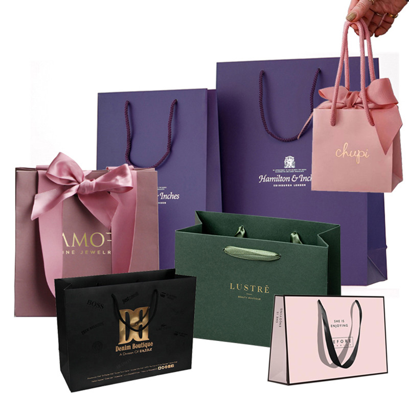 

500pcs Ribbon Bow-knot Gift Shopping Paper Bag with Custom Logo for /Boutique/Clothes