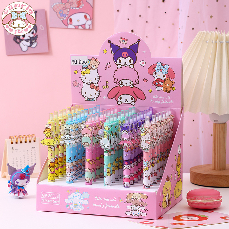 

Sanrio Hello Kitty Gel Pen 48pcs Cartoon New Cinnamoroll Melody Acrylic Patch Writing Pen 0.5 Black Student High Value Gift Pen