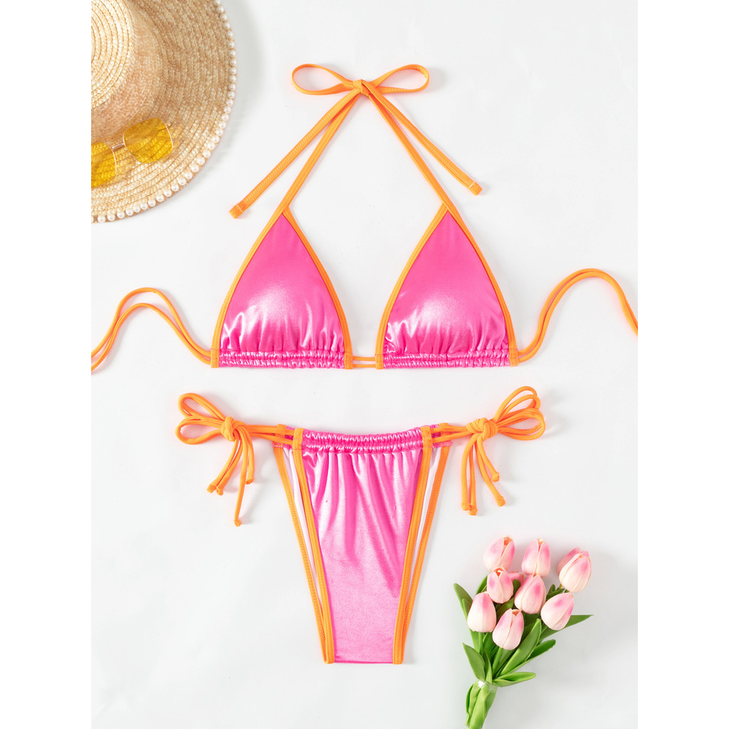 Sexy Triangle Push Up Bikini Brazilian Swimwear Women Patwork Side String Bikinis Swimsuit Satin Bat