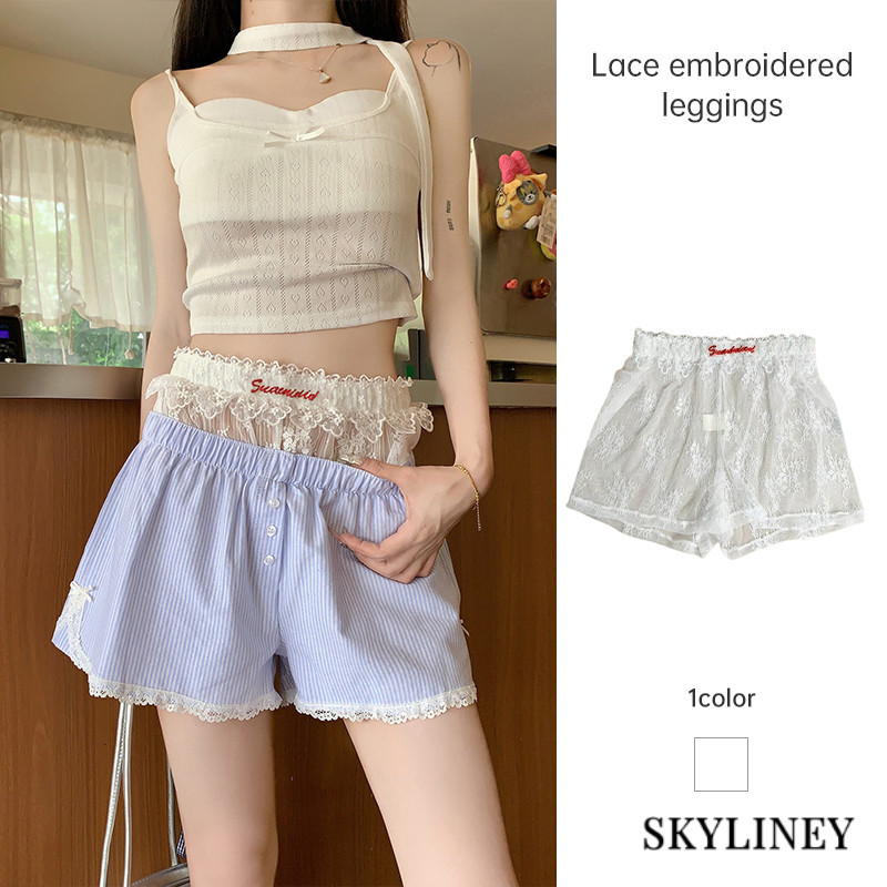 Celana Pendek Kaki Lurus  Celana Pendek Seksi Modis Wanita Celana Pendek Bottoming Bordir Renda SL