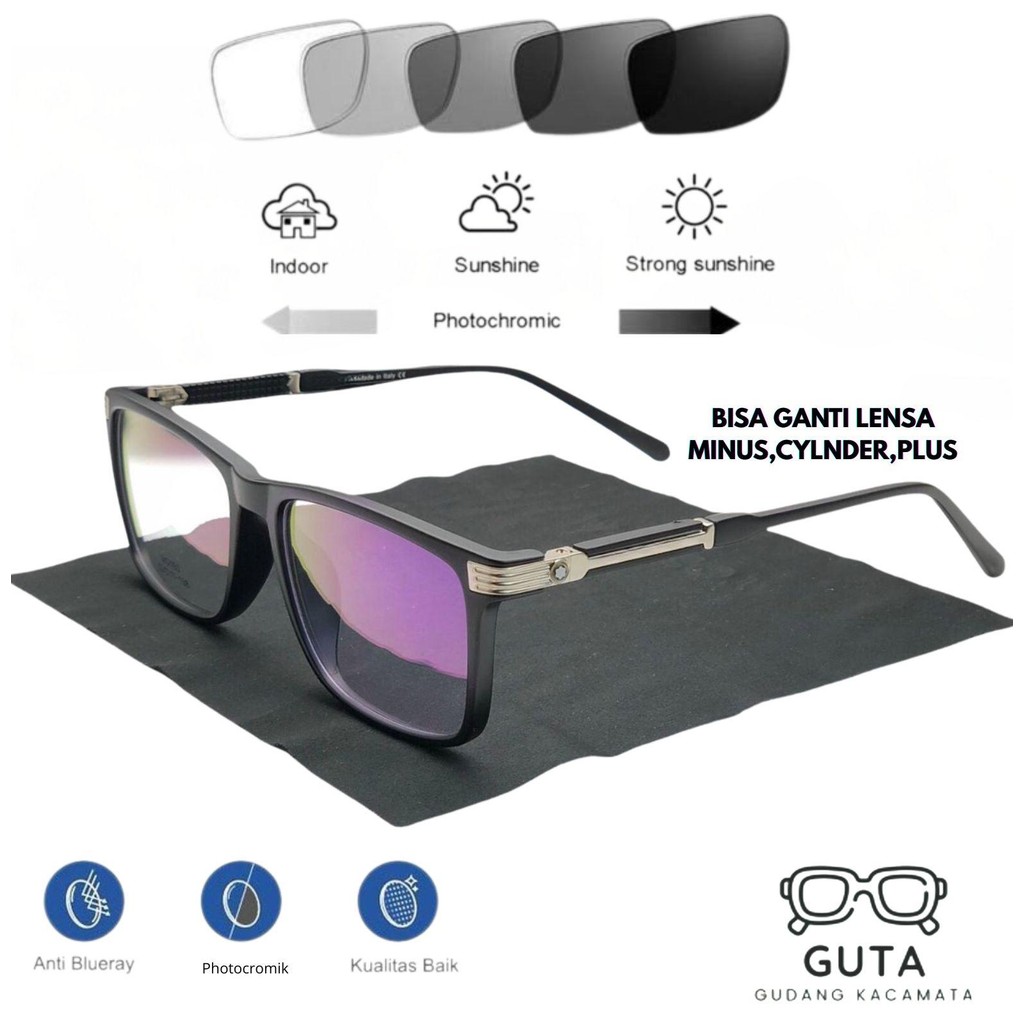 Frame Kacamata Photochromic Bluecromik Pria Kotak E160 Paket Lensa Minus  Plus Photochromic Bluechro