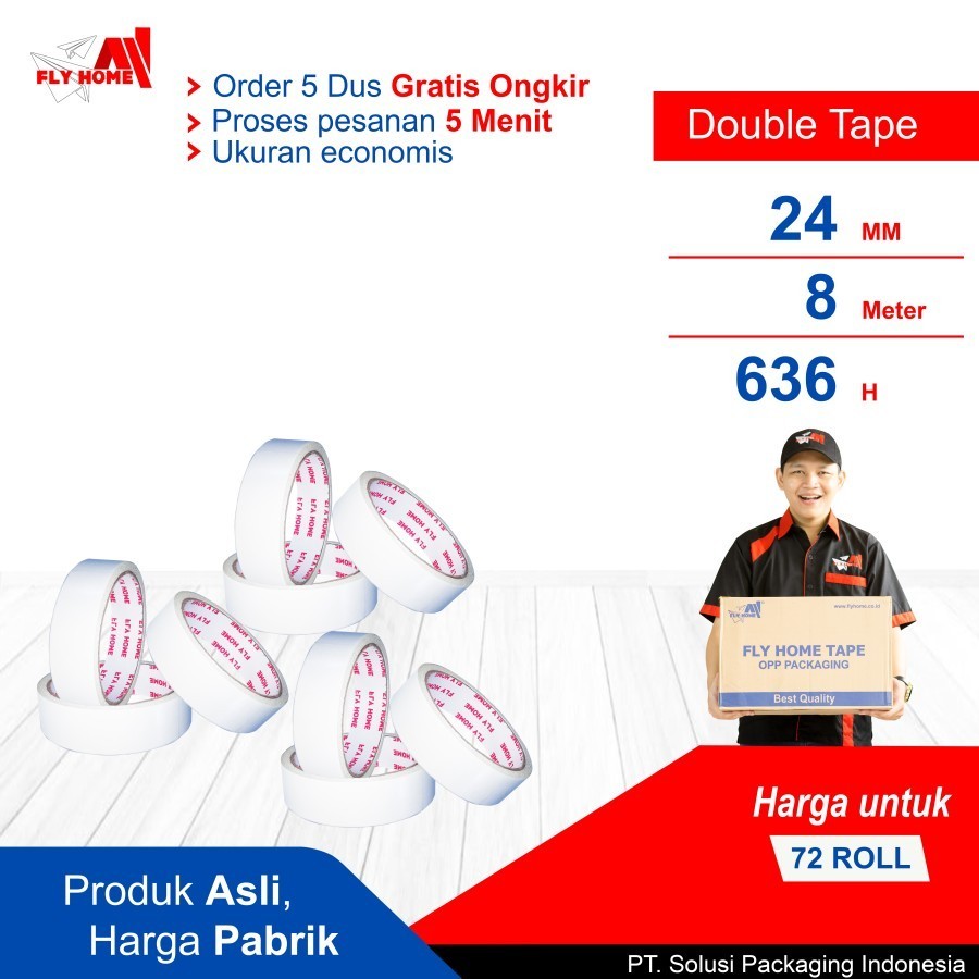 

FLYHOME Double tape 1/2 dus 24mm x 8meter hotmel 72 roll ukuran full