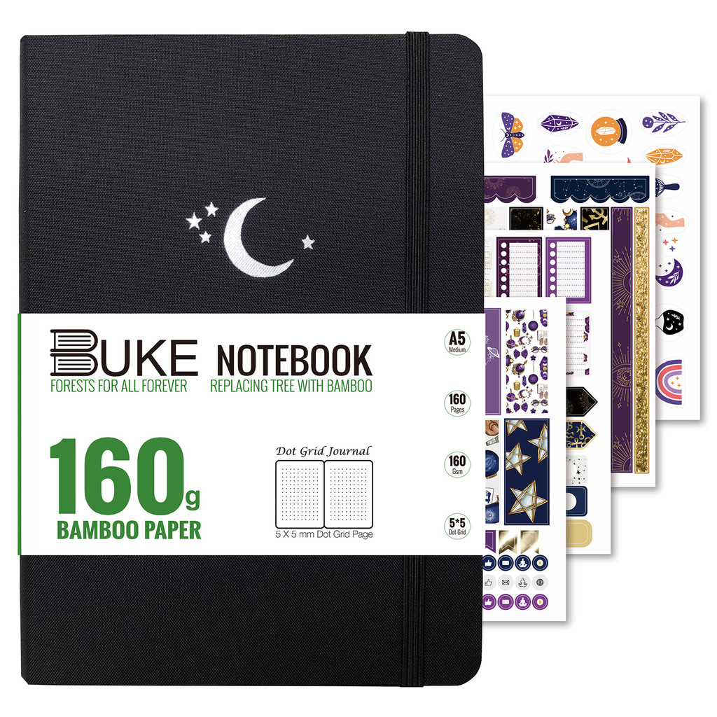 

160GSM Bamboo Paper Bullet Dotted Journal Sketchbook Black Fabric Hardcover A5 Size,160 Pages 5x5mm DOT-GRID MOON Stars
