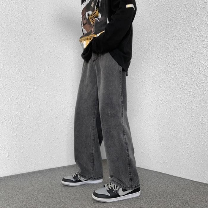 Celana hitam pria korean style loose pants celana jeans pria kulot