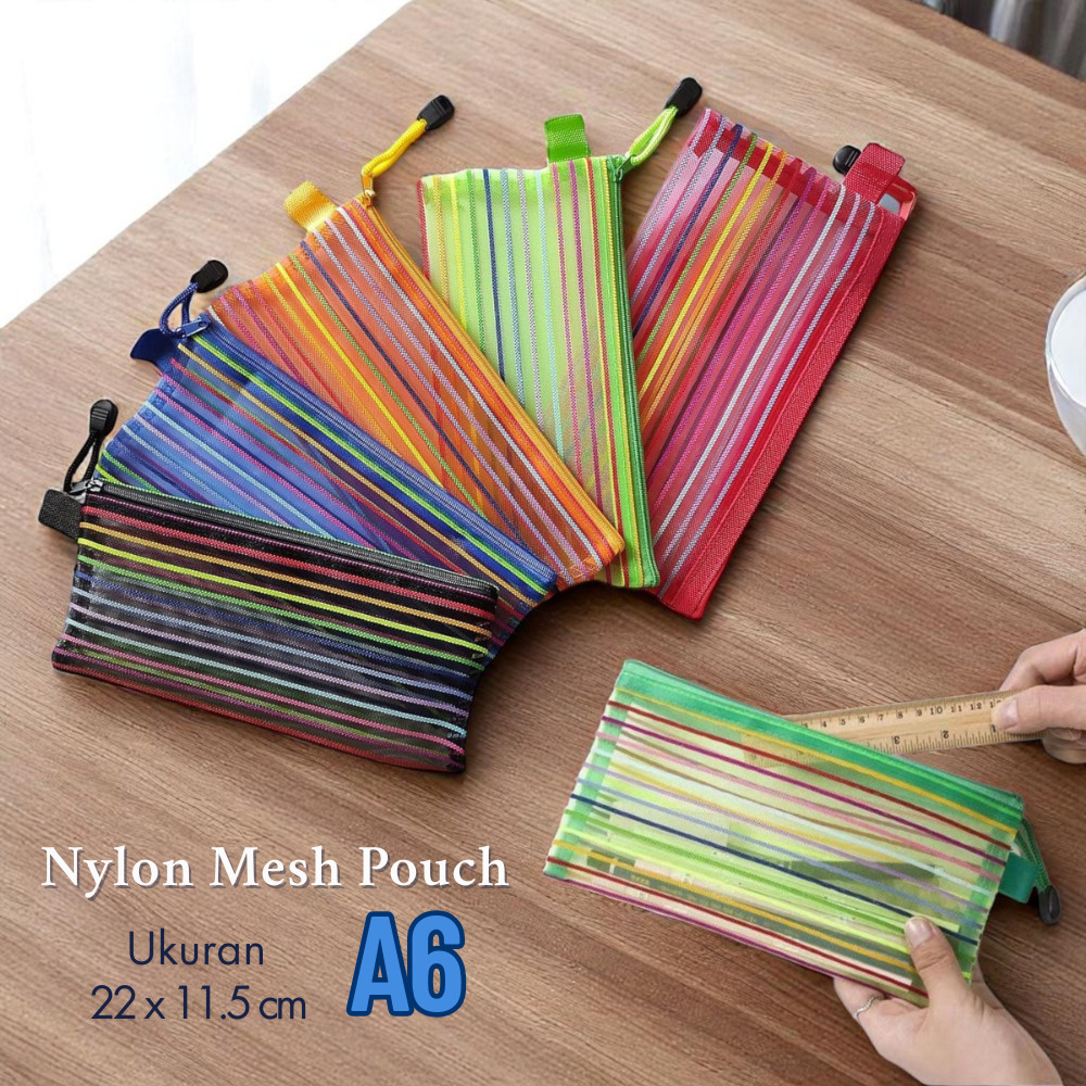 

Tempat Make Up Alat Tulis Ukuran A6 Serbaguna Transparant Mesh Garis Warna Nylon Pouch JCTP92