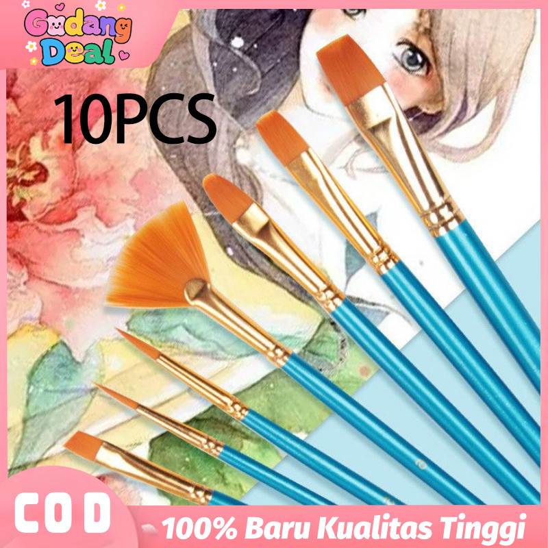 

Kuas Lukis Set isi 10 PCS Flat Tip & Runcing Nylon Brush Kuas Cat Minyak Watercolor Acrylic Brush